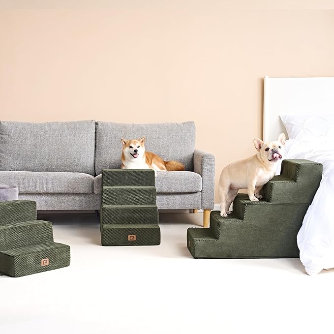 EHEYCIGA Dog Stairs for High Bed 22.5”H, 5-Step Dog Steps for Bed, Pet Steps for Small Dogs and Cats, Non-Slip Balanced Pet Ramp Indoor, Olive Green
