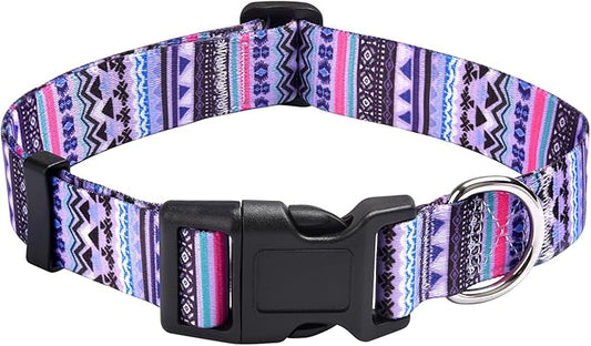 Dog Collar with Bohemia Floral Tribal Geometric Patterns - Soft Ethnic Style Collar Adjustable for Small Medium Large Dogs(Purple Bohemia,M)