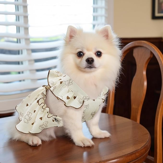 CuteBone Cotton Dog Dress Bear with Leash Ring & Sleeve Ruffles, Soft & Breathable, Stylish Pet Clothes Outfit for Small Dogs, Comfortable & Easy to Wear CFX02M