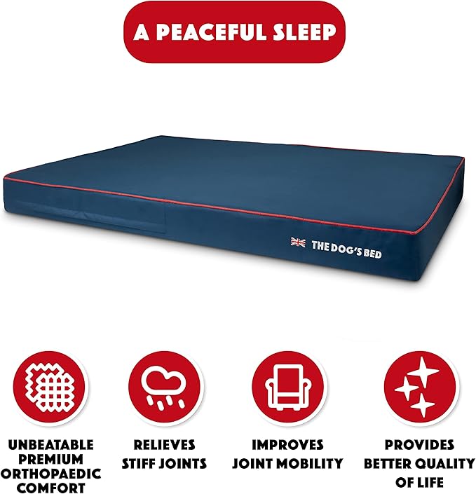The Dog’s Bed Orthopedic Memory Foam Dog Bed, XXXL Blue Oxford with Red Trim UK Flag 64x44, Pain Relief for Arthritis, Hip & Elbow Dysplasia, Post Surgery, Supportive, Calming, Waterproof Washable