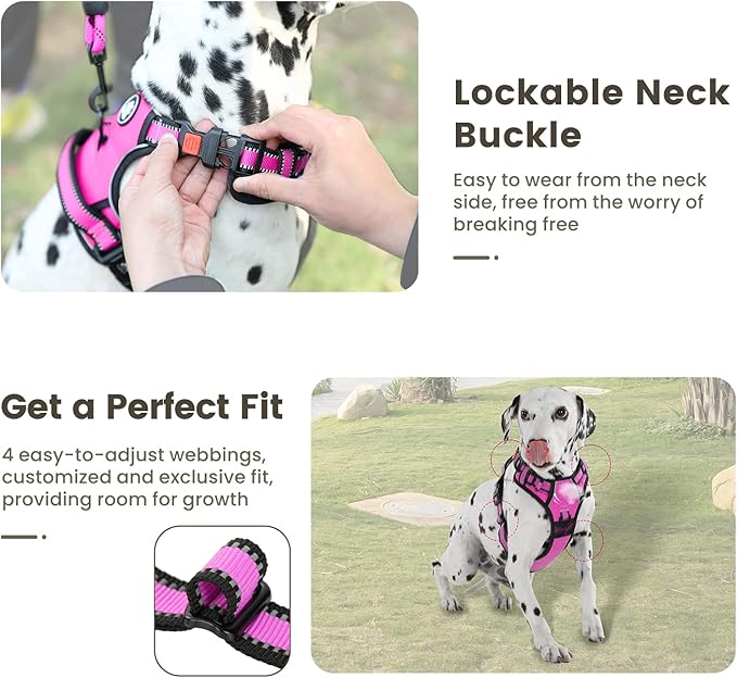 FURRYFECTION Dog Harness | No Pull Dog Harness | Reflective Oxford | Padded Handle | 4 Adjustable Straps | 2 Leash Clips | No Choke Pet Vest Harness for Small Medium Large Dogs | Rose | M