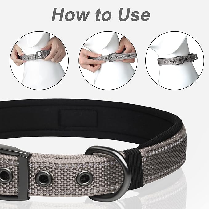 PetiFine Neoprene Padded Dog Collar, Heavy Duty Comfort Dog Collar with Durable Metal Buckle, Reflective Adjustable Belt Buckle Dog Collars for Small Medium Large Dogs(24''-28'', Grey)