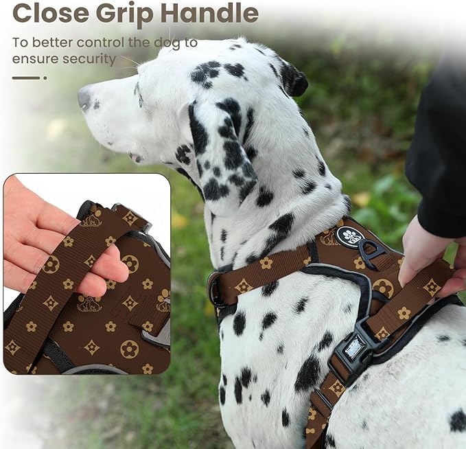 FURRYFECTION Dog Harness | No Pull Dog Harness | Reflective Oxford | Padded Handle | 4 Adjustable Straps | 2 Leash Clips | No Choke Pet Vest Harness for Small Medium Large Dogs | Dark Brown | S