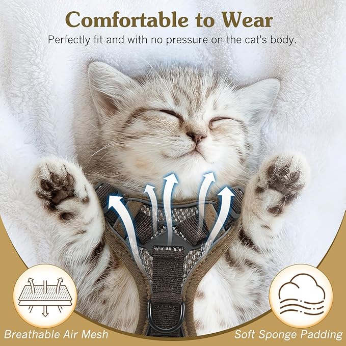 Cat Harness and Leash Set for Walking, Adjustable Kitten Vest Harness with Reflective Strip Breathable Mesh, Escape Proof Soft Pet Safety Vest for Cats, Kittens, Puppies, S Coffee