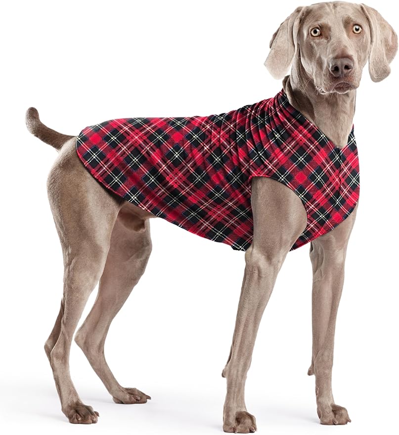 Stretch Fleece Dog Coat, Stretchy Pet Sweater, Machine Washable Pullover for Winter and Fall, Red Classic Plaid, 22