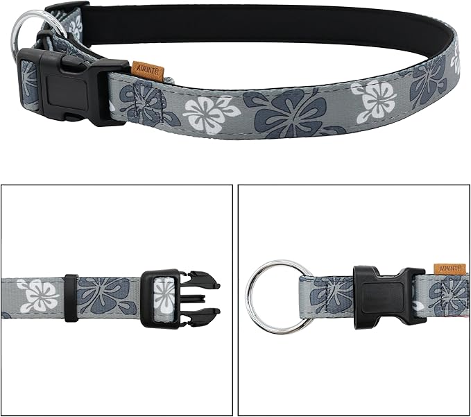 Dog Collar, Cute Floral Pattern, Neoprene Padded and Adjustable Collar with Quick Release Buckle, Reinforced Structure (L (Neck 18-28", Width 1"), Hawaiian Grey)