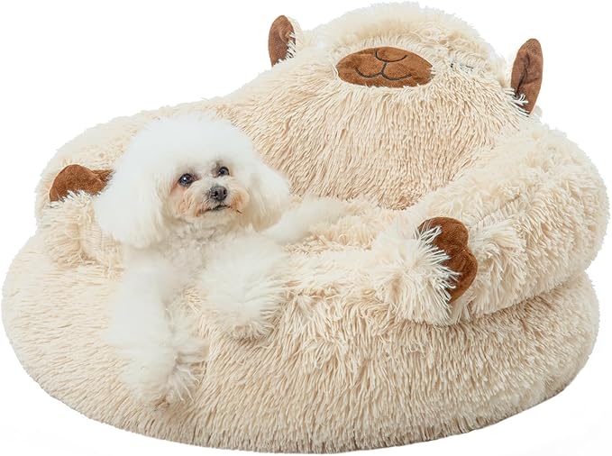 Jiupety Calming Dog and Cat Bed, Cozy Donut Cute Small Dog Beds, Anti Anxiety Round L(27" x 27" x 8") Size for Pets up to 28 lbs, Camel
