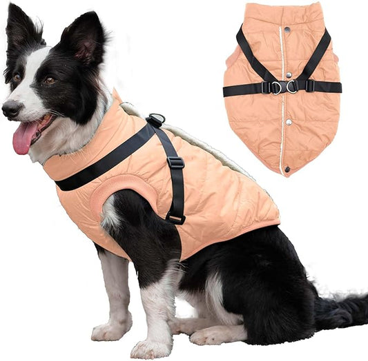 Dog Jacket with Harness,Fleece Lined Warm Puppy Coat for Winter,Soft Windproof Large Dog Vest,LightOrange XXXL