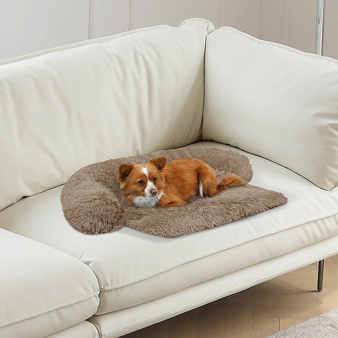 Calming Dog Bed Fluffy Plush Dog Mat for Furniture Protector with Removable Washable Cover for Large Medium Small Dogs and Cats (XS(31“x23.5”x5), Camel)