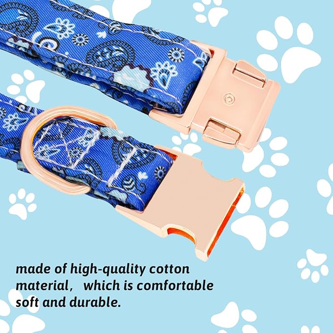 Dog Collar and Leash Set Girls Adjustable Puppy Collars with Floral Bow Tie for Small Medium Large Female Dogs, BluePaisley, S
