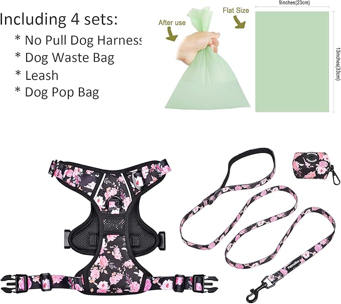 Petmolico Large Dog Harness Set, Reflective Vest Harness, 2 Leash Attachments, Rope Leash, Poop Bag Holder, Black with Pink Rose