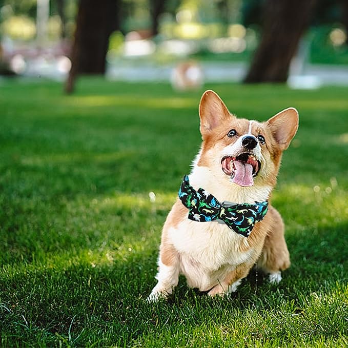 Dinosaur Print Dog Collar with Bow Tie - Soft, Cute, Adjustable Metal Buckle Collar for X-Large Dogs