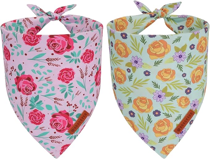 ADOGGYGO Floral Dog Bandana, Red Yellow Rose Pet Scarf, Adjustable Fit Flower Bandanas for Extra Large Dogs Pets (X-Large)