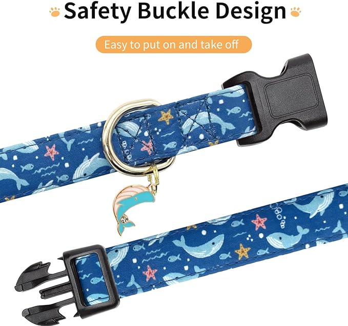 Cotton Dog Collar,Adjustable Cute Puppy Collar with Moon Patterned Design for Small Medium Large Dogs,Soft and Fancy Pet Collar with Safety Buckle for Girl Boy Dogs (Blue Whale, L)