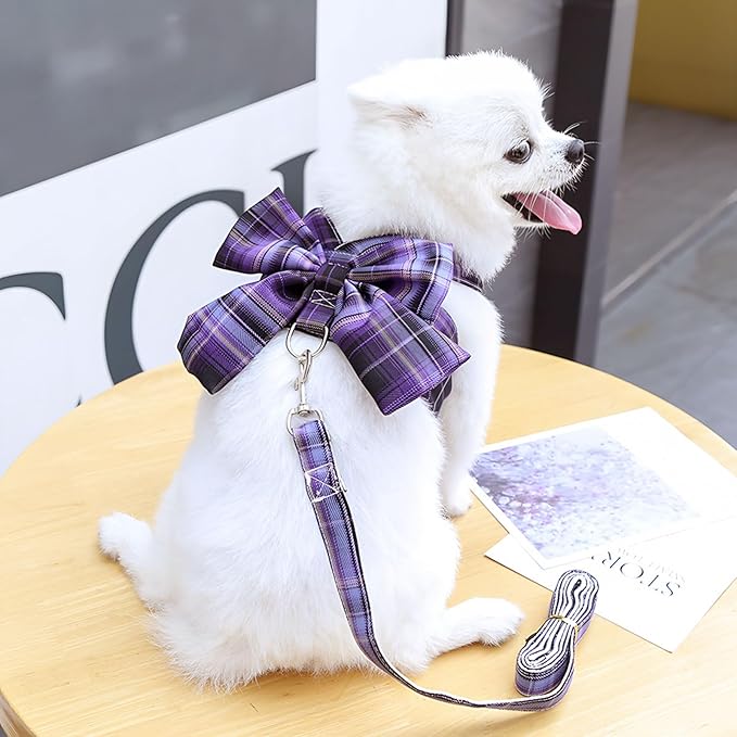 Cute Dog Harness and Leash Set with Bow Tie Soft Mesh Plaid Girl Puppy Harness No Pull Pet Cat Dog Vest Harness for Small Dogs Chihuahua Rabbit Outfit (Purple,L)