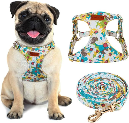 CHEDE No Pull Floral Pattern Dog Harness- Lightweight and Soft Dog Harness, Adjustable Small Dog Harness and Leash Set, with Dog Leash, Suitable for Puppy Small and Medium-Sized Dog