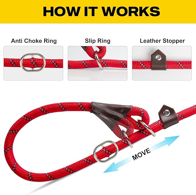 Fida Durable Slip Lead, 6 FT x 1/2" Heavy Duty , Comfortable Strong Rope for Large, Medium Dogs, No Pull Pet Training Loop Leash with Highly Reflective, Red