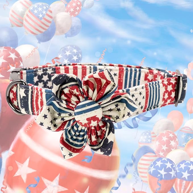 Elegant little tail US Flag Dog Collar, Cute Detachable Dog Collar with Flower, Gift Pet Collar Adjustable Dog Collar for Large Dogs