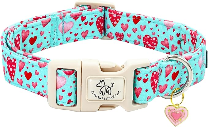 Elegant little tail Dog Collar, Pink Heart Dog Collar for Small Dogs, Female or Male Adjustable Cotton Pet Collar with Quick Release Buckle for Small Medium Large Dogs