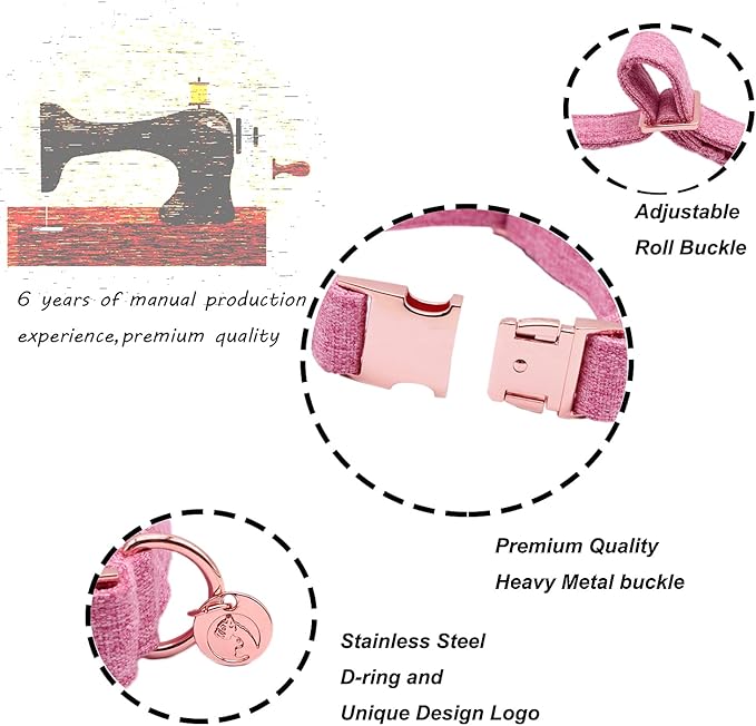 DOGWONG Hemp Cotton Dog Collar with Bow, Pink Pet Collar Durable Adjustable Girl Puppy Collar for Small Medium Large Dogs