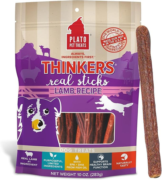 Plato Pet Treats Thinkers - Meat Stick Treats for Dogs - Limited Ingredient Dog Treats with EPA and DHA to Support Skin, Coat, and Brain - Air-Dried Dog Treats - Thinkers Lamb 10oz