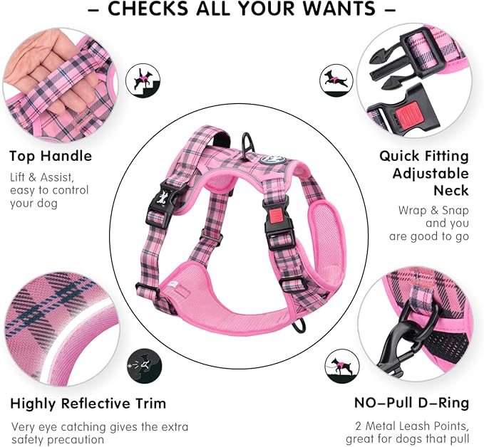 PoyPet No Pull Dog Harness, Reflective Adjustable No Choke Pet Vest with Front & Back 2 Leash Attachments, Soft Control Training Handle for Large Dogs(Checkered Pink,L)