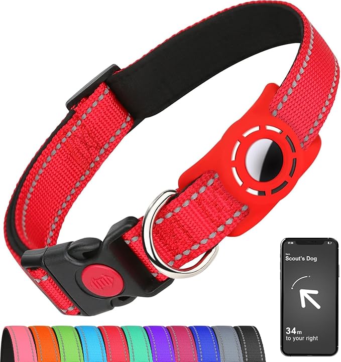 Airtag Dog Collar with AirTag Holder for Medium Dogs, Reflective, Soft Padded & Safety Locking Buckle, Nylon Pet Collars Adjustable for All Breeds, Red,M