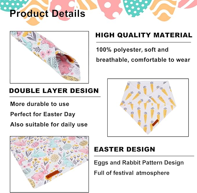 ADOGGYGO Easter Dog Bandana, Carrot Rabbit Pet Scarf, Premium Durable Fabric, Easter Bandanas for Small Dogs Pets (Small)