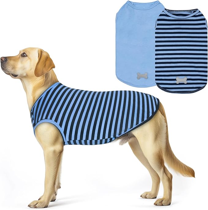 KYEESE 2Pack Dog Shirts Striped T Shirt for Large Dogs Lightweight Clothes Sleeveless Vest Cotton Tank Top, XXX-Large,Dark Blue+Striped