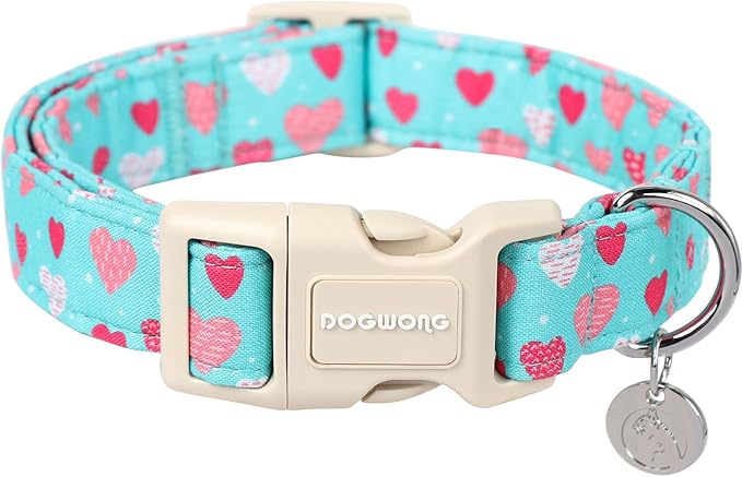 DOGWONG Valentine's Dog Collar - Blue Heart Adjustable Cotton Heart Dog Collar - Perfect for Extra Small, Small, Medium, Large Dogs