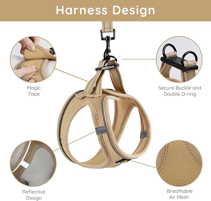 BELLA & PAL Puppy Harness with Leash Set, Step in Harness for Small Dogs, Dog Air Mesh Dog Vest Harness with Reflective Strip, No Pull No-Chock Harness for XXS, XS, Small, Medium Dog Cat (Khaki, XS)