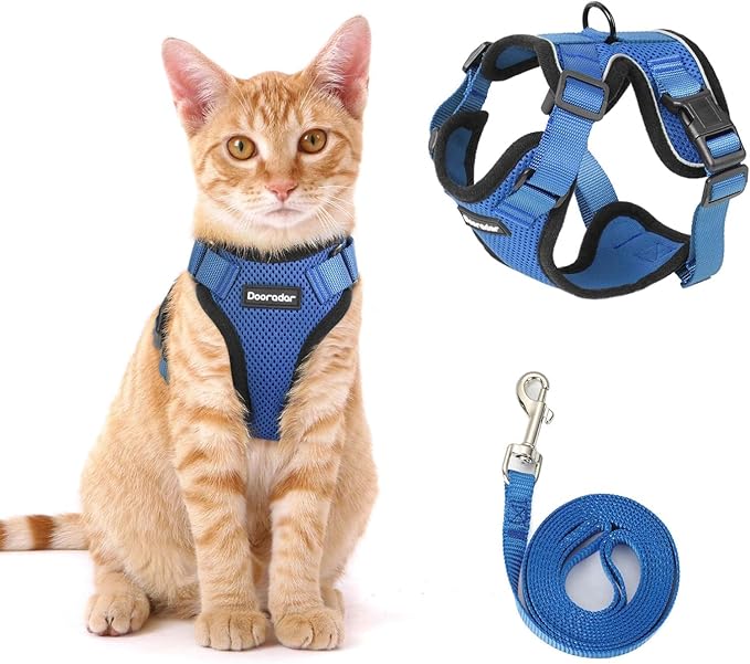 Dooradar Cat Harness and Leash Set, Escape Proof Safe Adjustable Kitten Vest Harnesses for Walking, Easy Control Soft Breathable Mesh Jacket with Reflective Strips for Cats, Blue, M