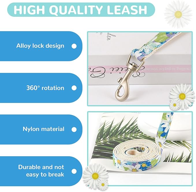 BAEJMJK Dog Harness and Leash Set with Bow Knot No Pull Pet Daisy Floral Harness with D-Ring Soft Mesh Dog Harness Vest Set Escape Proof Princess Puppy Harness for Small Girl Dogs Cats（Blue A XS）