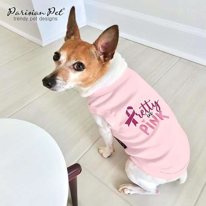 Parisian Pet Dog Tshirt - Embroidered “ Pretty in Pink “ Dog Shirt - Breathable and Lightweight Dog Clothes - Sleeveless Dog Tee Shirts - Machine Washable Dog Shirts for Small Dogs Girl -XS