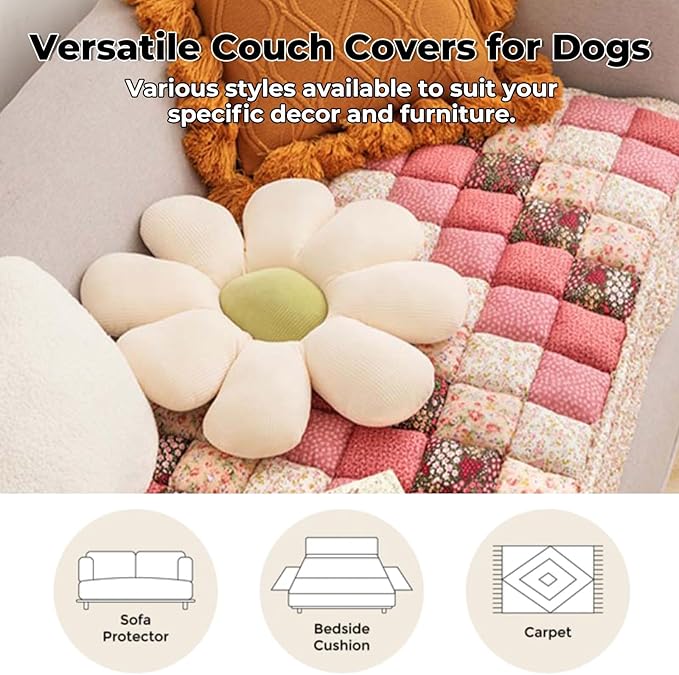 FUNNY FUZZY Pet Couch Covers for Sofa, Couch Covers for Dogs Washable Dog Couch Cover Protector Furniture Sofa Covers for Dog Handmade Pure Cotton Pet Bed Mat (Rose, 27.6"×70.9")