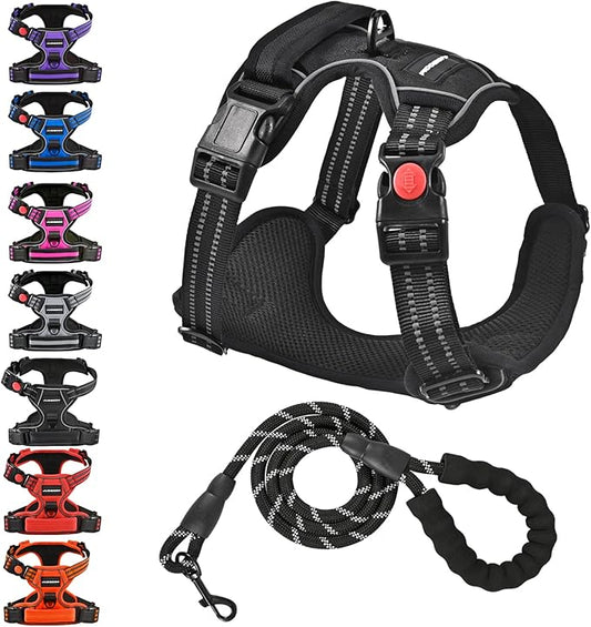 No Pull Dog Harness with Free Heavy Duty 5ft Leash, Adjustable Soft Padded Dog Vest, Reflective No-Choke Oxford Vest with Easy Control Handle (Black, Medium)