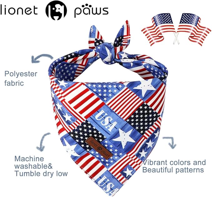 Lionet Paws Summer 2pcs Dog Bandanas, 4th of July Dog Scarf Bib Premium Fabric, American Flag Blue Bandanas for Small Dogs Pets