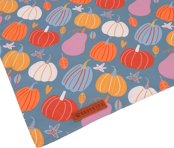 ADOGGYGO Thanksgiving Dog Bandana - Blue Orange Pumpkin Scarf, Adjustable Fit Fall Bandanas for Medium Large Dogs Pets (Large)