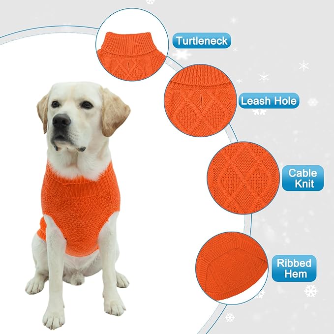 Mihachi Turtleneck Dog Sweater - Winter Coat Apparel Classic Cable Knit Clothes with Leash Hole for Cold Weather, Ideal Gift for Pet in New Year Orange Large