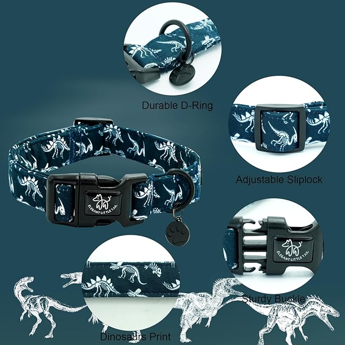 Elegant little tail Dog Collar, Dinosaurs Print Blue Puppy Male Adjustable Cotton Pet Collar with Quick Release Buckle for Small Medium Large Dogs