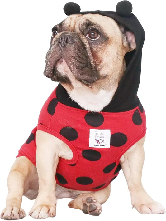 iChoue Ladybug Ladybird Lady Beetle French Bulldog Costumes Hoodies Sleeveless Clothes Outfits Funny Cosplay Shirts for Medium Dogs Frenchie Pug English Boston Puppy - Black and Red, Small