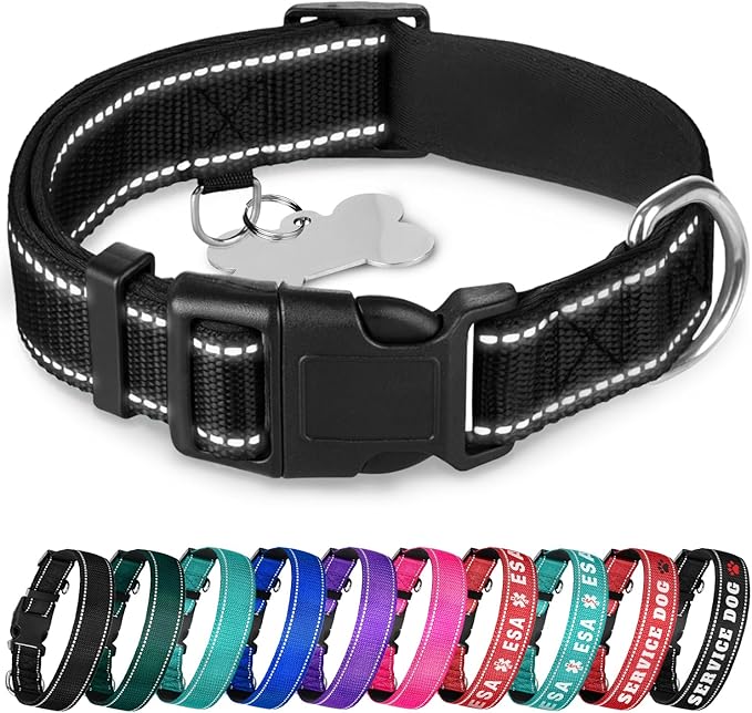 TECEUM Reflective Pet Collar – Black – XXS – Extra Soft Padding – Basic Nylon Dog Collar – Quick Release Buckle – Fits Small, Medium and Large Dogs, Puppies, Cats – ESA & Service Dog Options