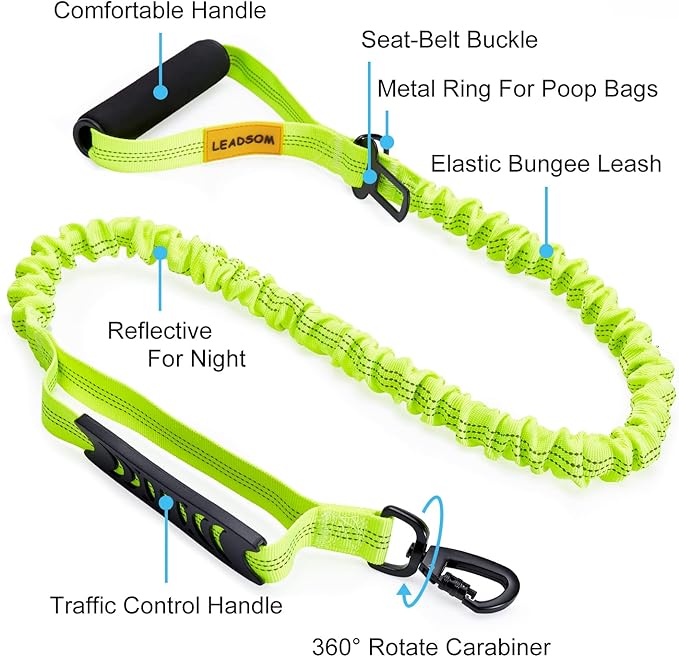 6FT Highly Reflective Heavy Duty Elastic Bungee Medium and Large Dog Leash Shock Absorbing with Comfortable Padded Handle and Traffic Handle Suitable for Training Green