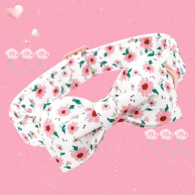 Dog Collar - Pink Floral Pet Collar Bows for Dogs Bowtie Adjustable Spring Summer Puppy Collar Gift for Medium Small Large Dogs