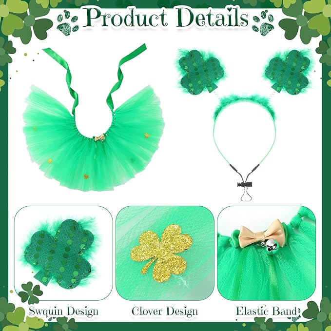 3 Pcs St Patrick's Day Dog Costume Set Including Sequins Shamrock Headband St. Patrick's Day Dog Tutu Dress Cute Pet Tutu Green Irish Pet Scarf for Medium Dogs Holiday Outfit Accessory