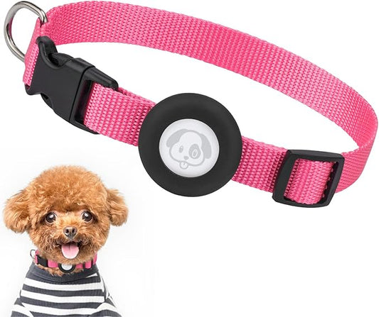 Adjustable AirTag Collar with Durable Quick Snap Buckle, Imitation Nylon Collar with Waterproof Apple Airtag Holder for Small Dogs (6"-16", Light Pink)