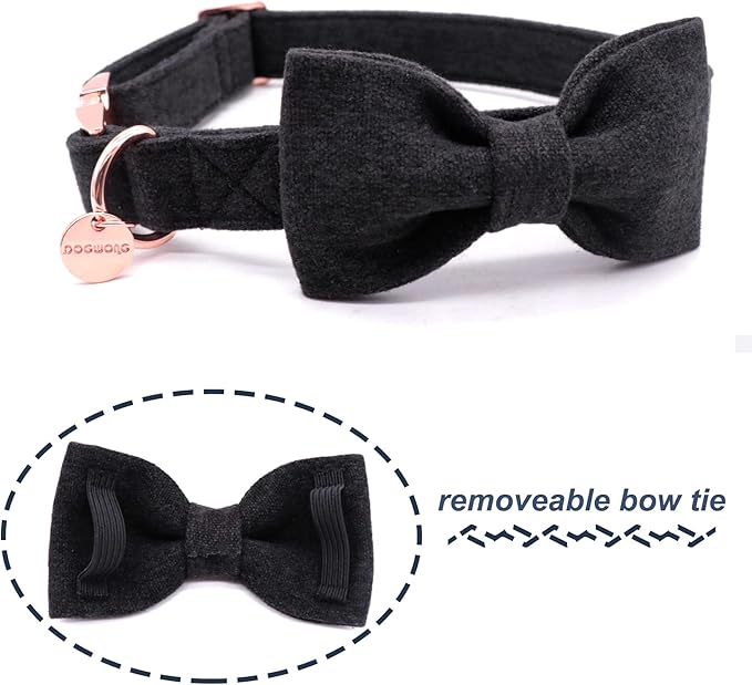 DOGWONG Hemp Cotton Dog Collar with Bow, Black Pet Collar Durable Adjustable Puppy Collar for Small Medium Large Dogs