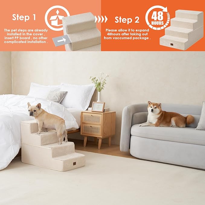 EHEYCIGA Dog Stairs for Bed 20”H, 4-Step Extra Wide Dog Steps for High Bed, Pet Steps for Small Dogs and Cats, Non-Slip Balanced Pet Ramp, Beige