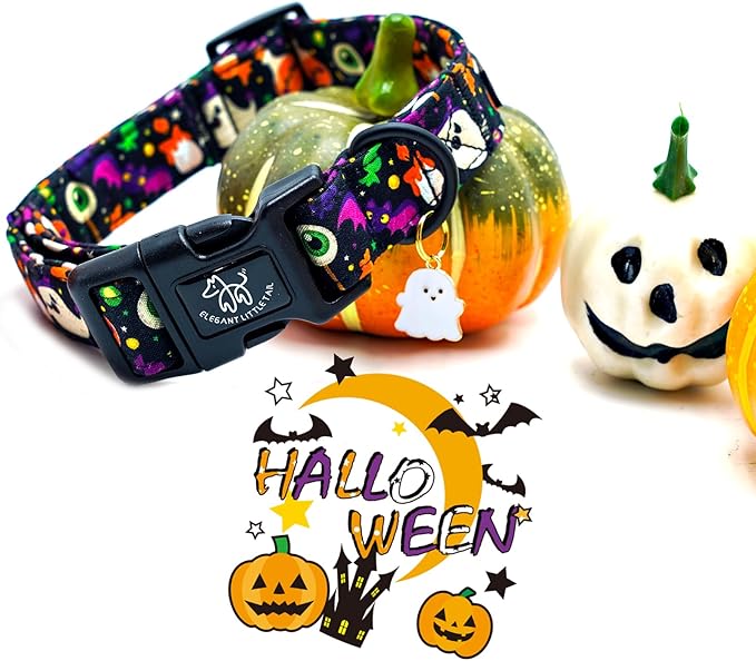 Elegant little tail Halloween Dog Collar, Ghosts Print Fall Male Cute Puppy Adjustable Cotton Pet Collar with Quick Release Buckle for Small Medium Large Dogs