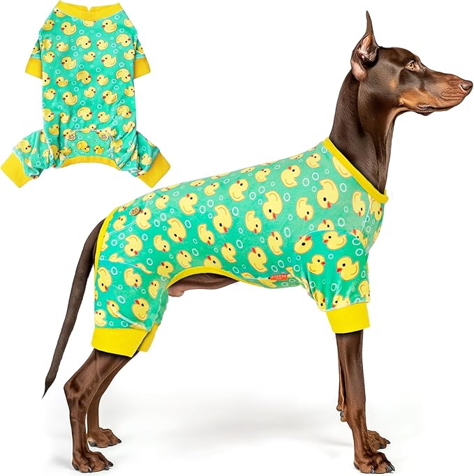 KYEESE Dog Pajamas Velvet Dog Pajamas Large Sized Dogs Soft Dogs Clothes Pjs with Yellow Ducks Pattern Stretchy Pet Jammies Coat Comfy Pet Onesie Costume, 3X-Large